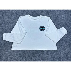 Dixxon Flannel Co Shirt Women Large White Graphic Print Logo Cropped Raw Hem